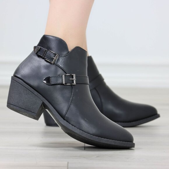 Womens Ankle Boots Low Block Heel Black Synthetic Leather Pointed Toe Buckles - Picture 2 of 11
